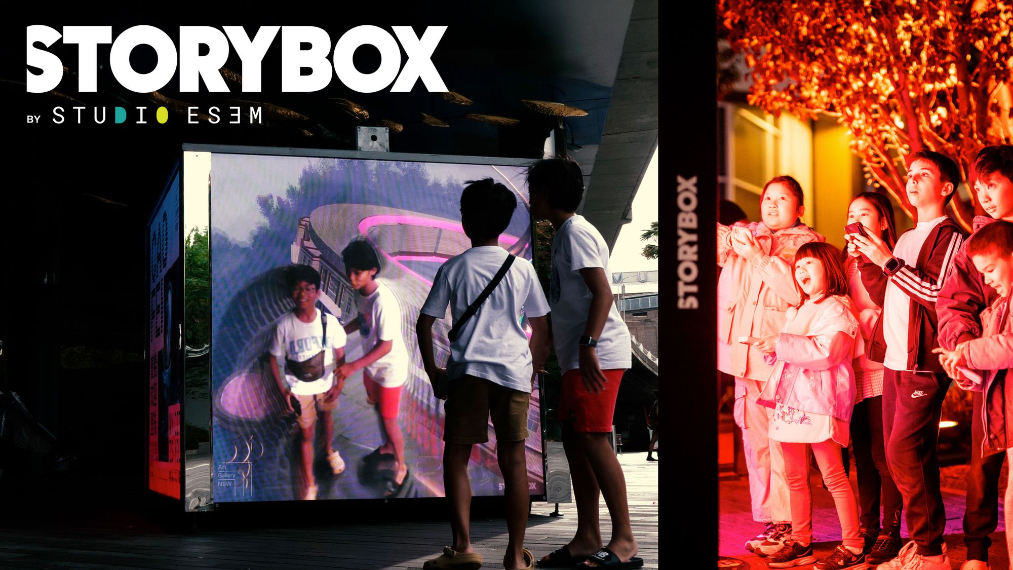 Two photos showing STORYBOX interactive activations in public spaces for AGNSW and Georges River Council