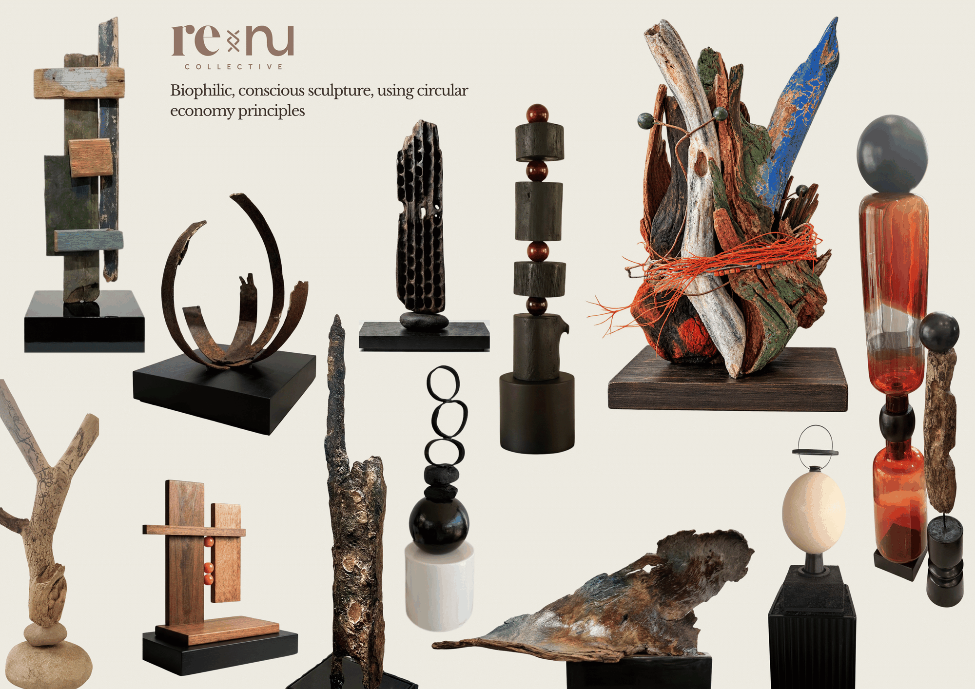 A mix of RENU's sculptures, for viewing at the Neutral Bay Gallery