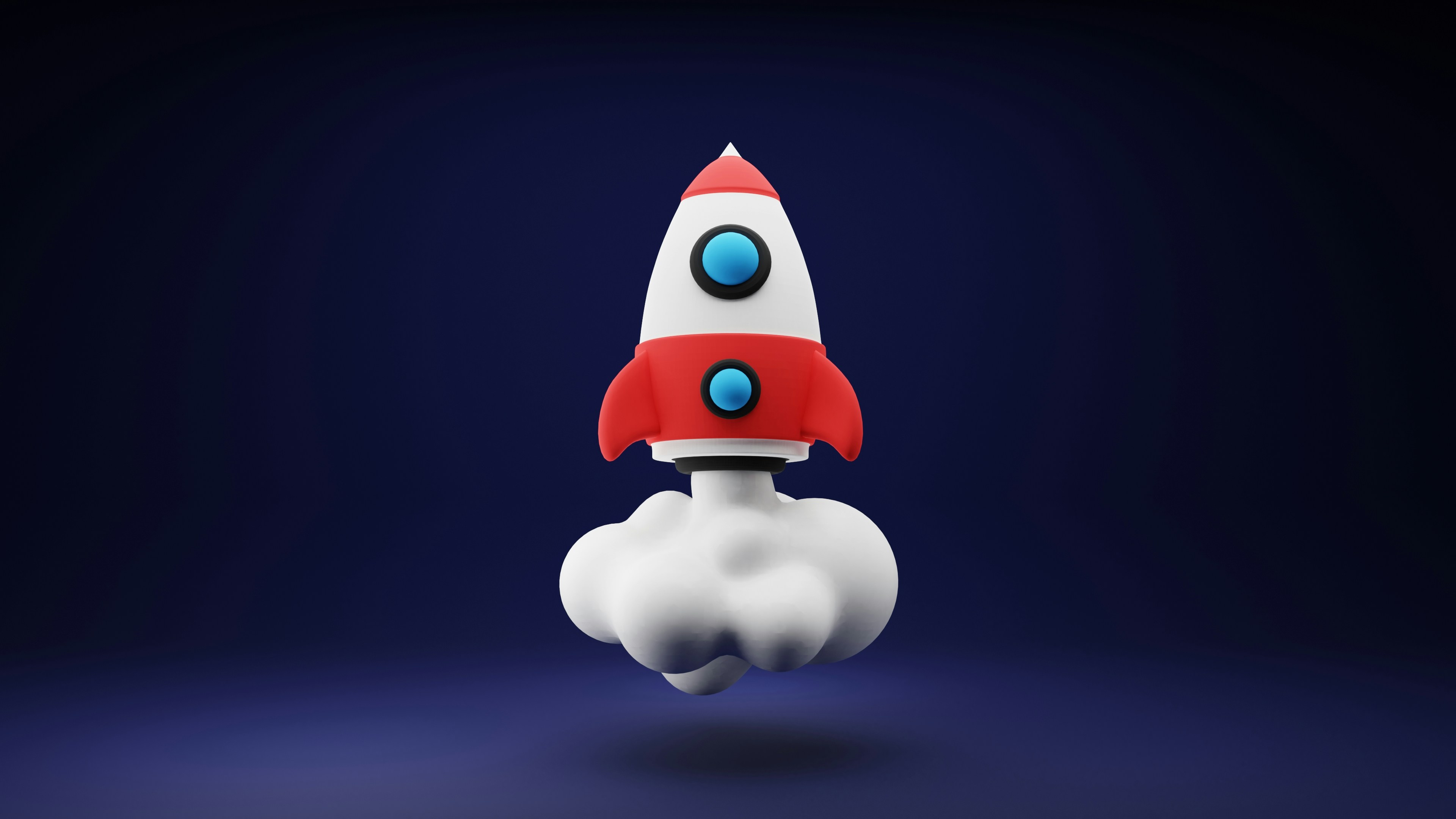 A cartoon rocket with windows, launching with smoke against a dark background.