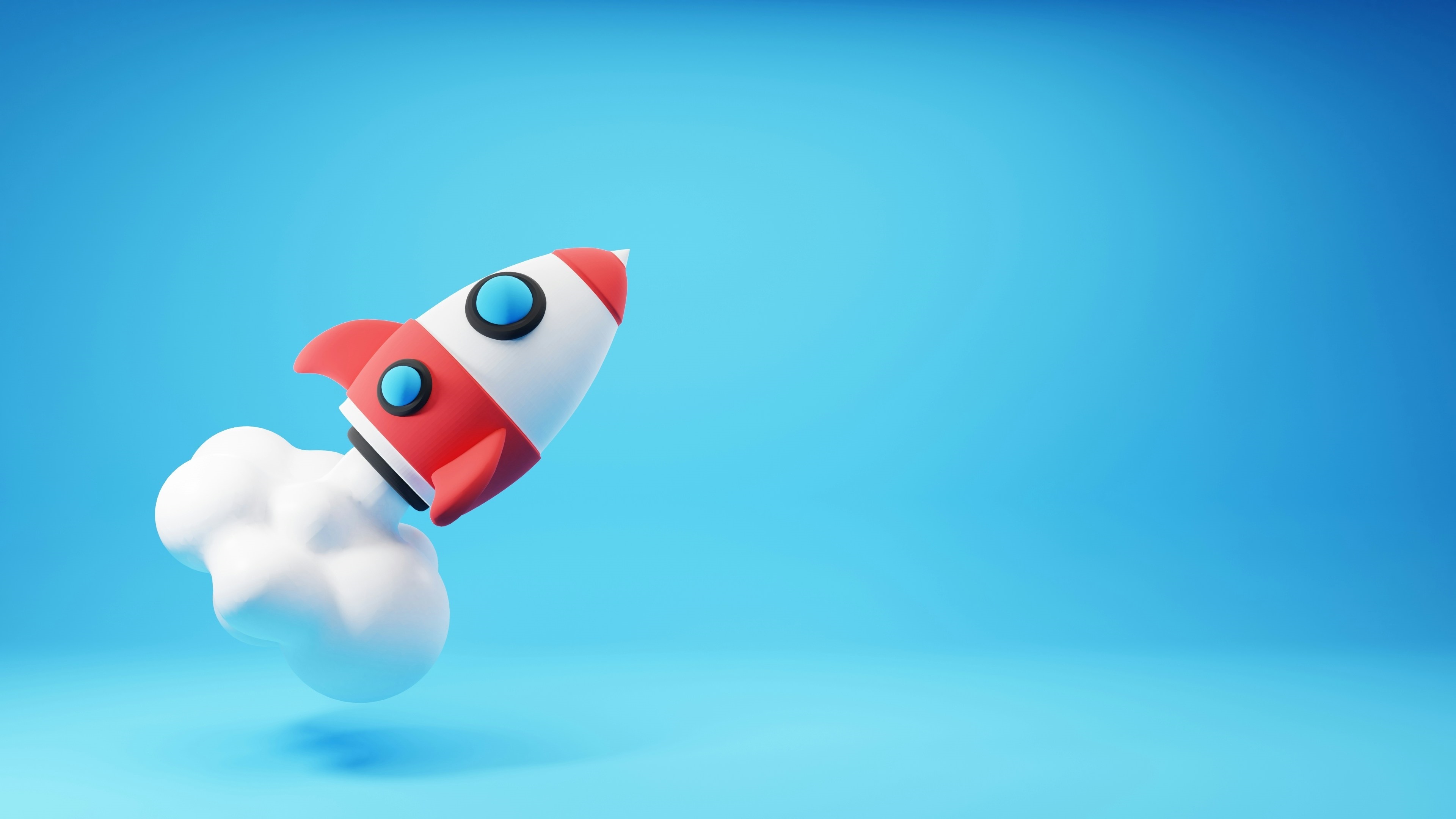 Cartoon rocket with fins and windows launching against a sky background, leaving a trail of smoke.