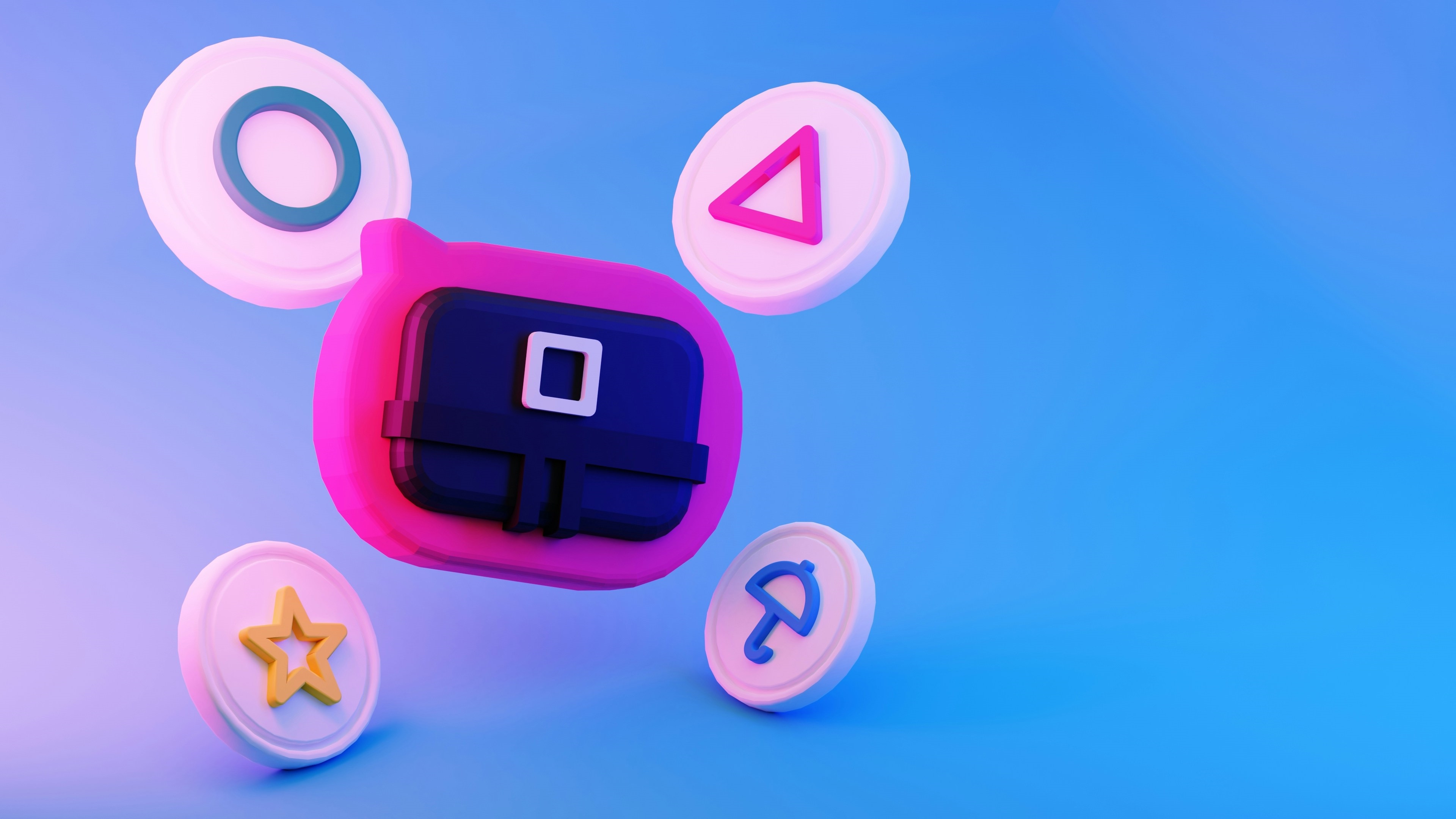 3D icons of a speech bubble with a briefcase, surrounded by symbols: triangle, circle, star, and a lowercase "a" on a gradient background.