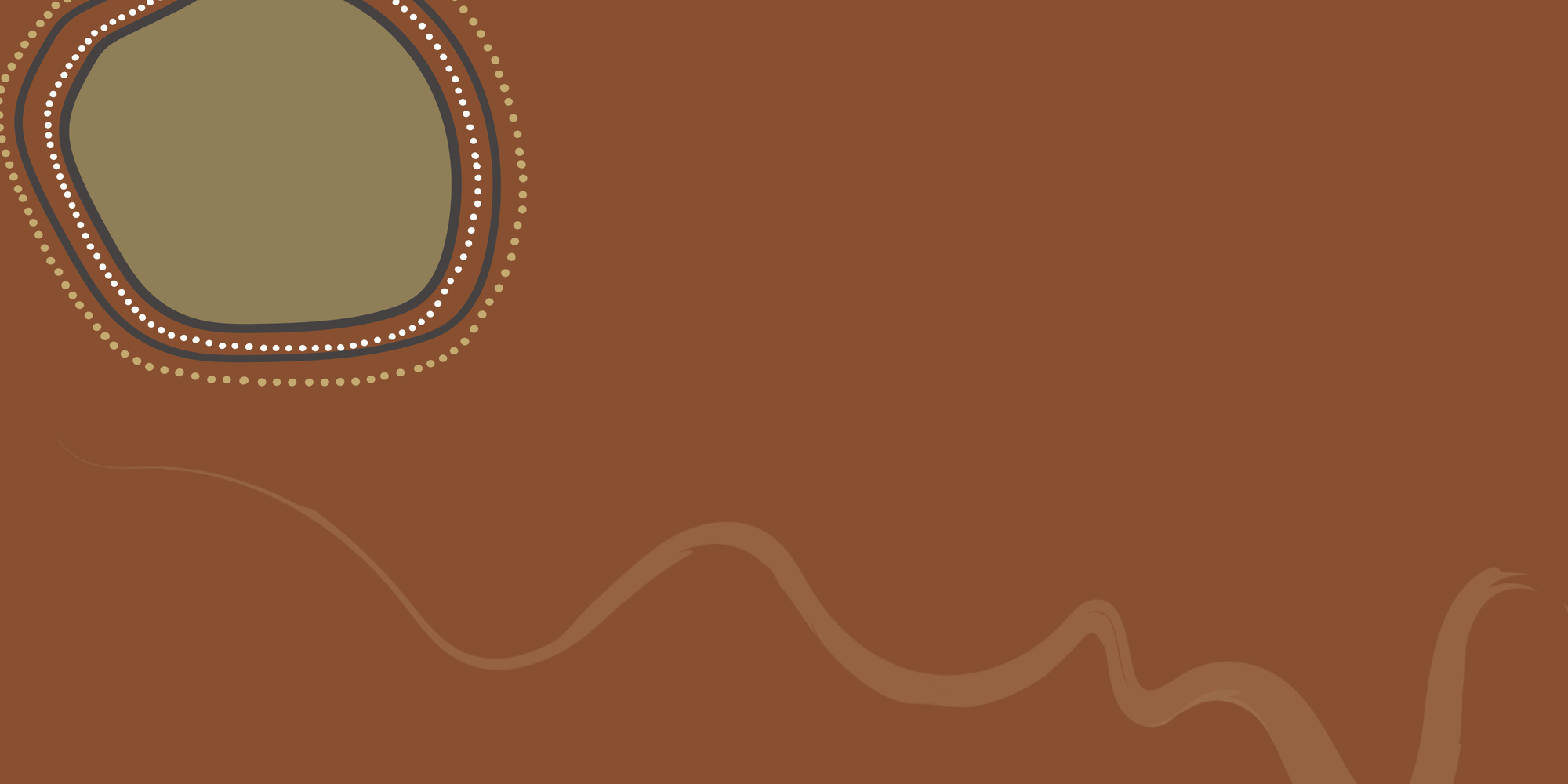 Abstract painting with a brown background, featuring a green irregular shape outlined with dots in the upper left and a wavy line extending from it.