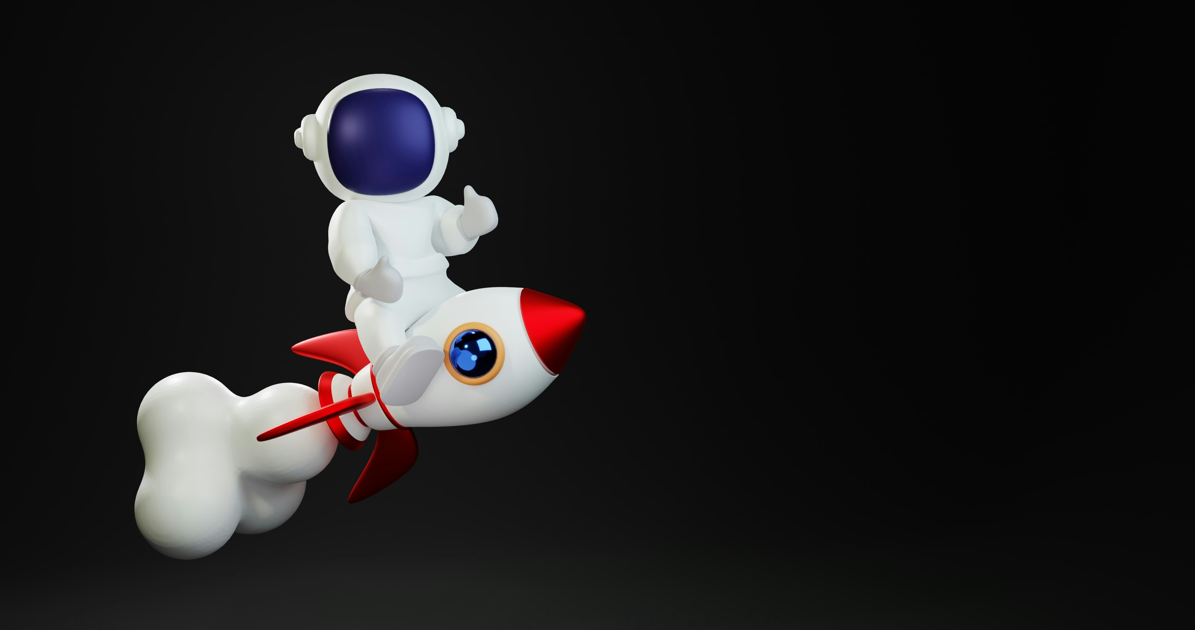 Cartoon astronaut giving thumbs up while riding a small, smiling rocket with fins against a dark background.