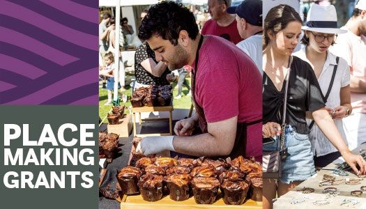 A man arranges baked goods on a table while people browse items at an outdoor market. Text reads "Place Making Grants."