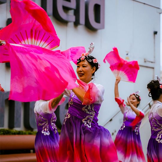 Dancers in vibrant costumes perform with fans, smiling joyfully in an outdoor setting.