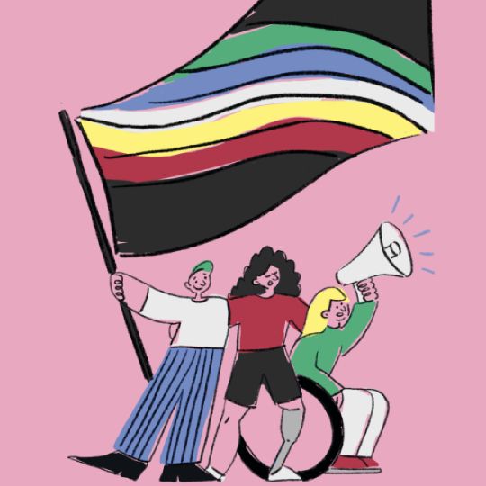 Three diverse individuals, one using a wheelchair, hold a disability pride flag and a megaphone against a pink background.