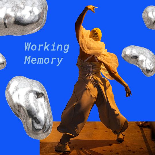 A dancer in white poses against a blue background with brain images and the text "Working Memory."