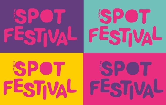Four colourful boxes each containing "The Spot Festival" in bold, playful fonts with varying backgrounds: purple, teal, yellow, and blue.