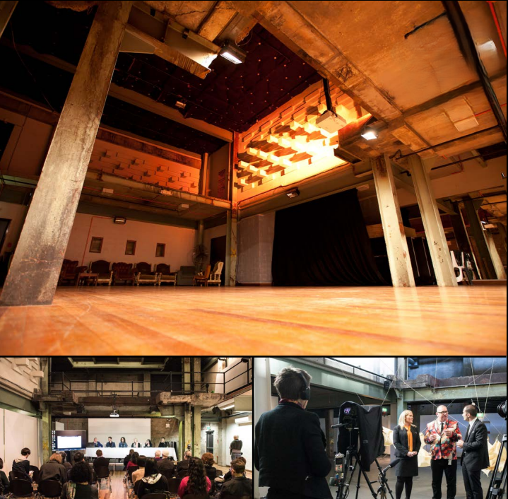 A three-part composite image showing an industrial-style event space. The top panel shows a wide-angle view of a large wooden floor area leading to a curtained stage, with massive concrete support columns and exposed ceiling beams. The lower left panel shows an event in progress with people seated for a presentation. The lower right panel shows a group of three people being filmed by a camera crew.