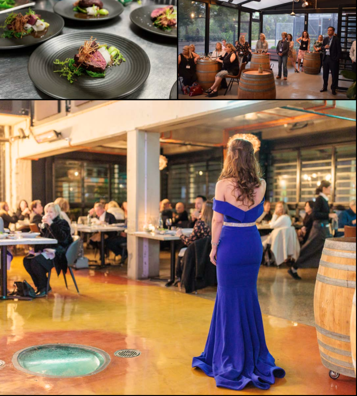 A three-part composite image showing a dinner and event setting. The top left panel shows three black plates of gourmet food. The top right panel shows a casual gathering of people standing and sitting near wine barrels in an event space. The bottom panel shows a wider view of a seated dinner event with a woman in a bright blue off-the-shoulder gown standing in the foreground, facing away from the camera.
