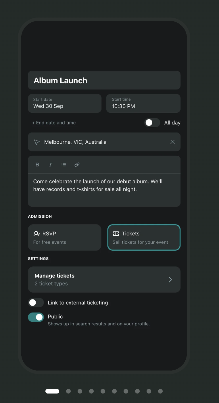 Shows the creation screen for an event