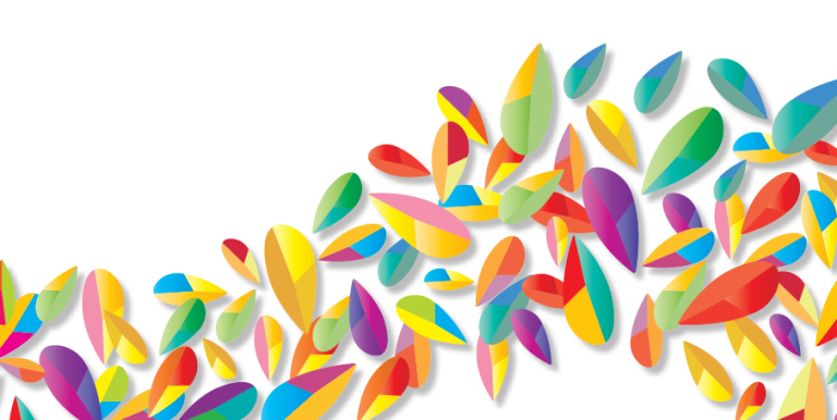 Colourful abstract shapes resembling leaves and petals scattered across a white background.