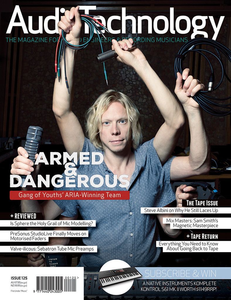 Audio Technology Magazine cover, featuring Adrian Breakspear with photoshopped additional arms holding a variety of objects including a coffee cup and a microphone