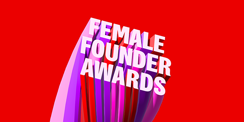 Bold, 3D text "Female Founder Awards" in white and pink on a red background with layered purple and pink accents.
