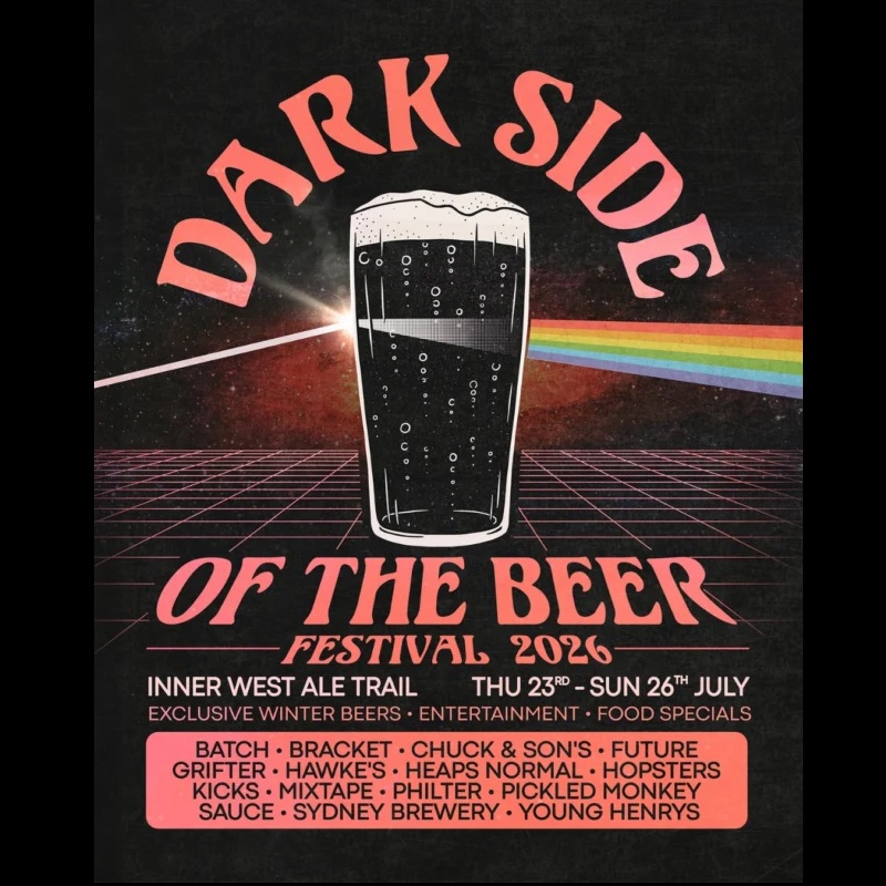 Festival poster with a pint of beer, saying "Dark Side of the Beer Festival 2026" for Inner West Ale Trail, listing breweries and dates in July.