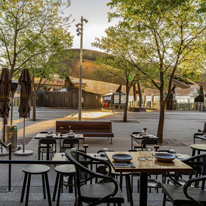 Outdoor café with empty tables and chairs, shaded by trees, near a modern architectural structure during sunset.