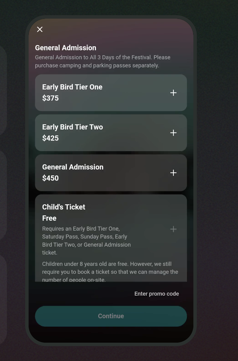 Shows a festival ticket selection screen