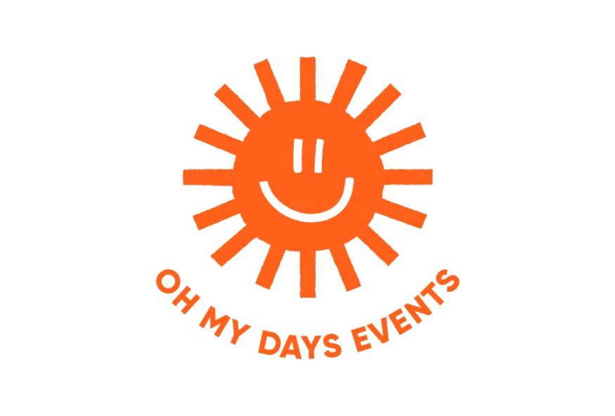 An orange sunburst logo with a smiling face in the centre, surrounded by the text "Oh My Days Events" at the bottom.