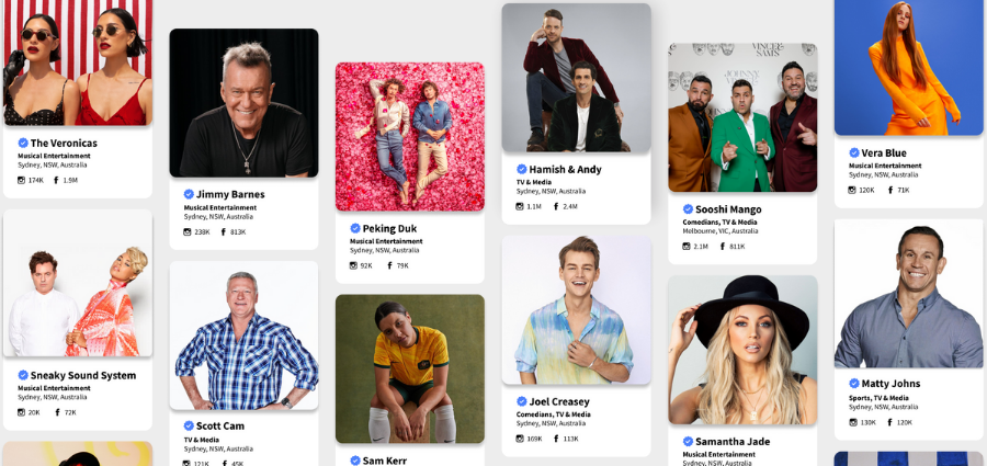 A collage of acta directory talent cards showcasing popular Australian talent who are available to be booked using the platform, including The Veronicas, Jimmy Barnes, Peking Duk, Hamish & Andy, Vera Blue, Sneaky Sound System, Scott Cam, Sam Kerr, Joel Creasey, Samantha Jade, Matty Johns, and comedy trio Sooshi Mango.