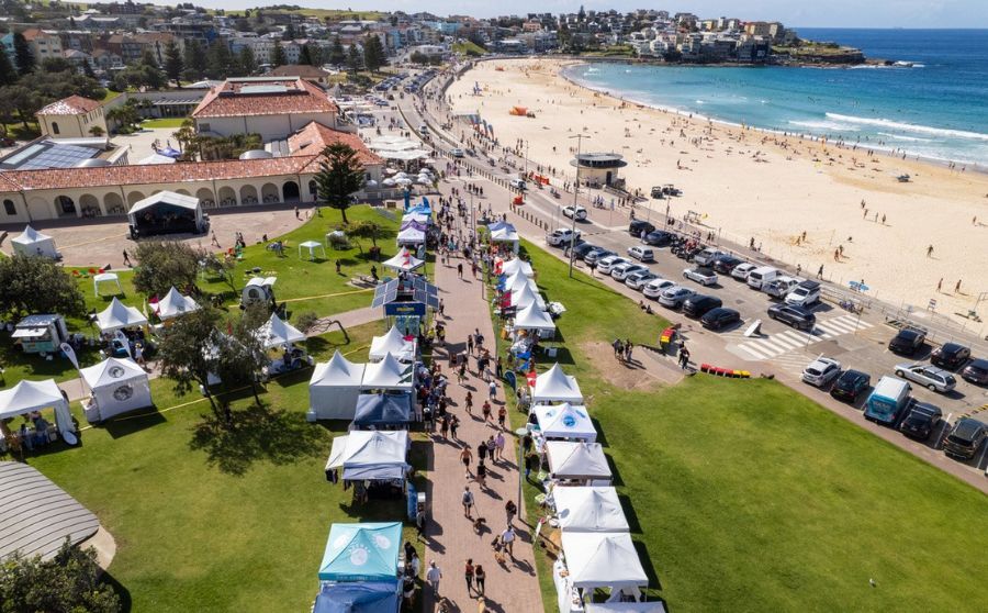Aerial view of a beachside market with white tents, a grassy area, parked cars, and people enjoying the sandy beach and ocean.