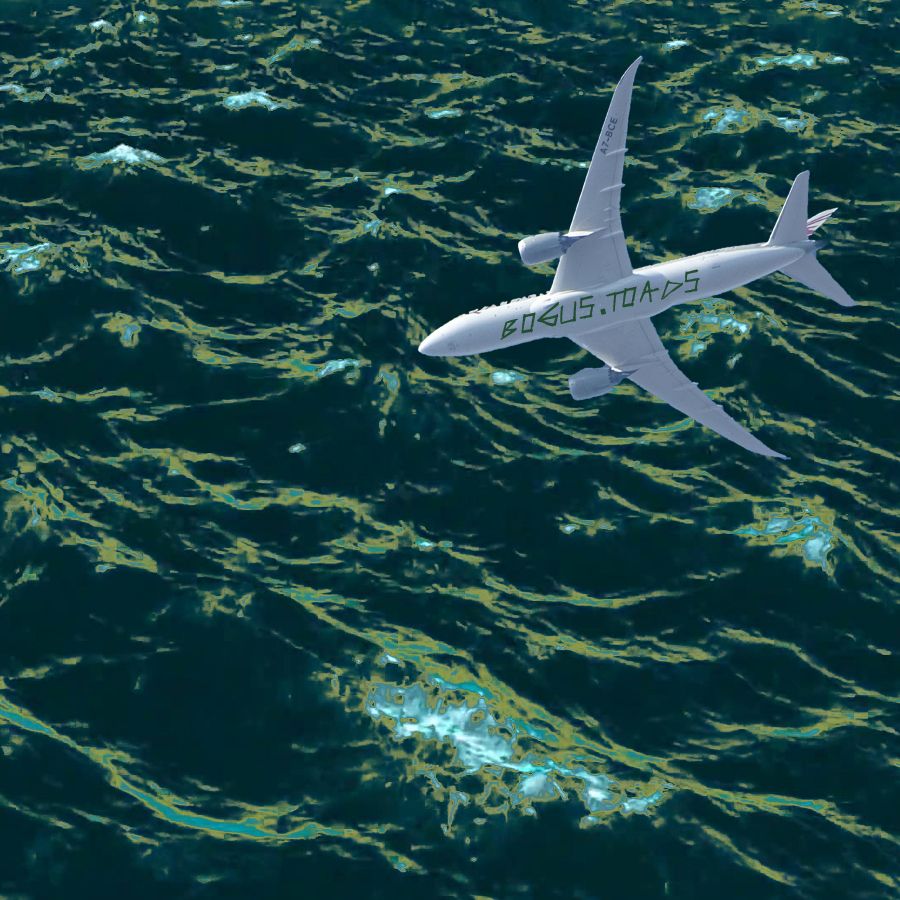 The cover shows an edited image of waves rolling in the ocean with a plane flying overhead, the plane shows the title of the album.