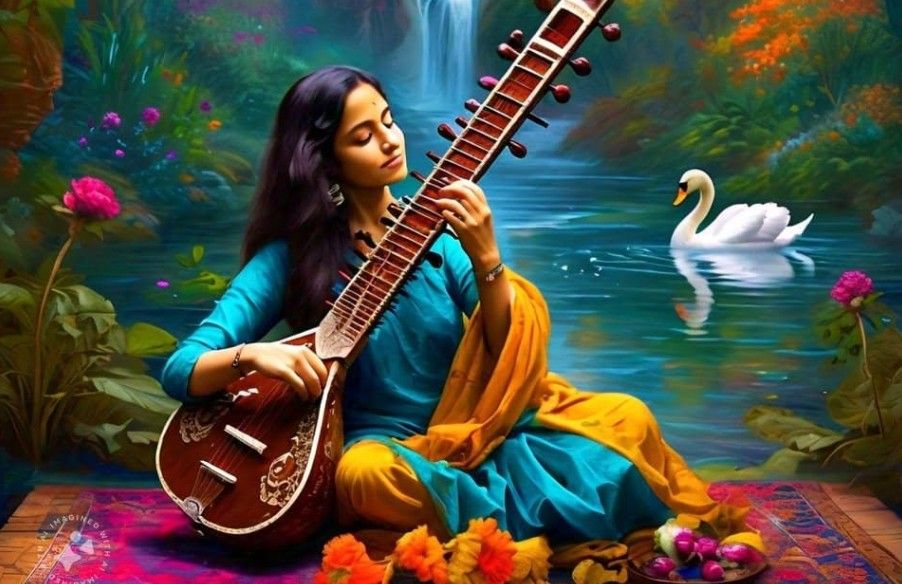 A woman in traditional attire plays a sitar by a serene pond, surrounded by flowers, with a swan and waterfall in the background.