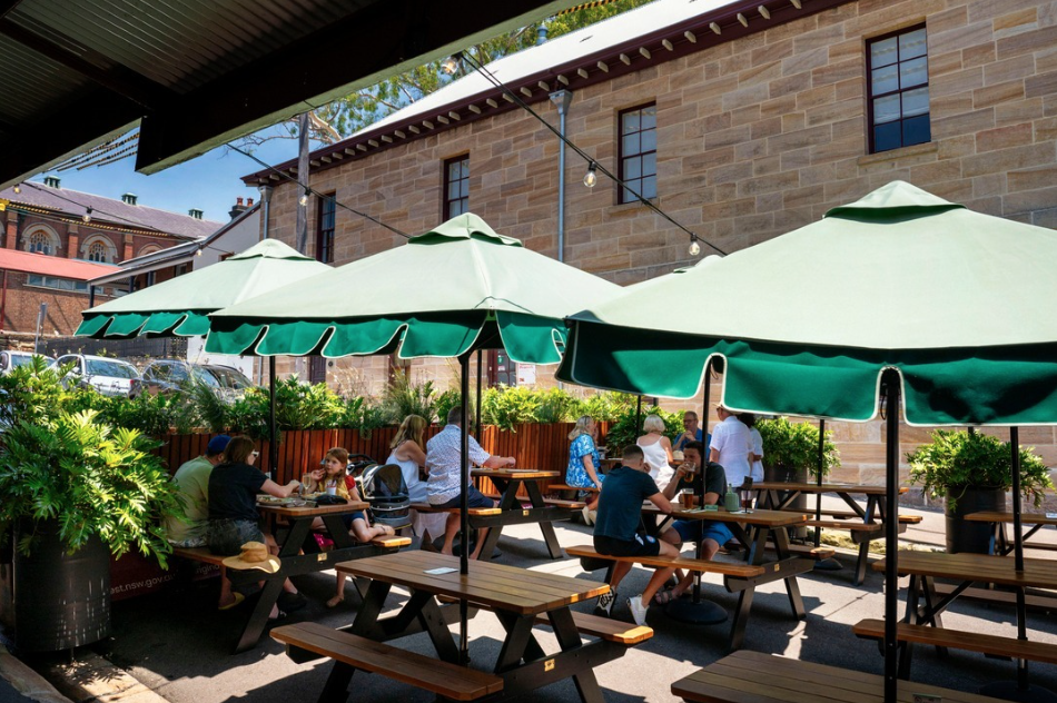Outdoor tables and seating with umbrellas
