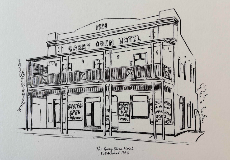 Line drawing of the Garry Owen Hotel with a two-story facade, balconies, and signs advertising a bistro and TAB. Established 1882.