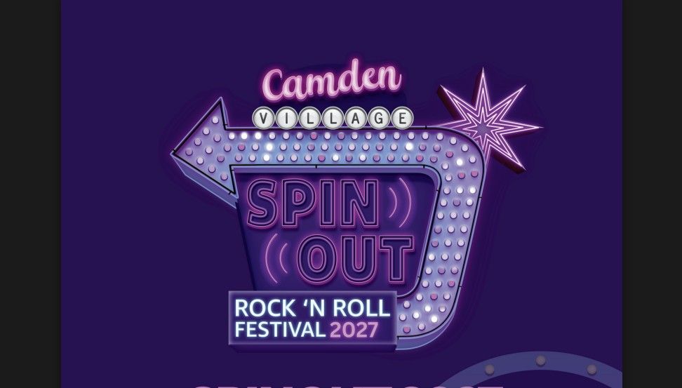 Neon sign for "Camden Village Spin Out Rock 'N Roll Festival 2027" with a starburst design, on a dark purple background.
