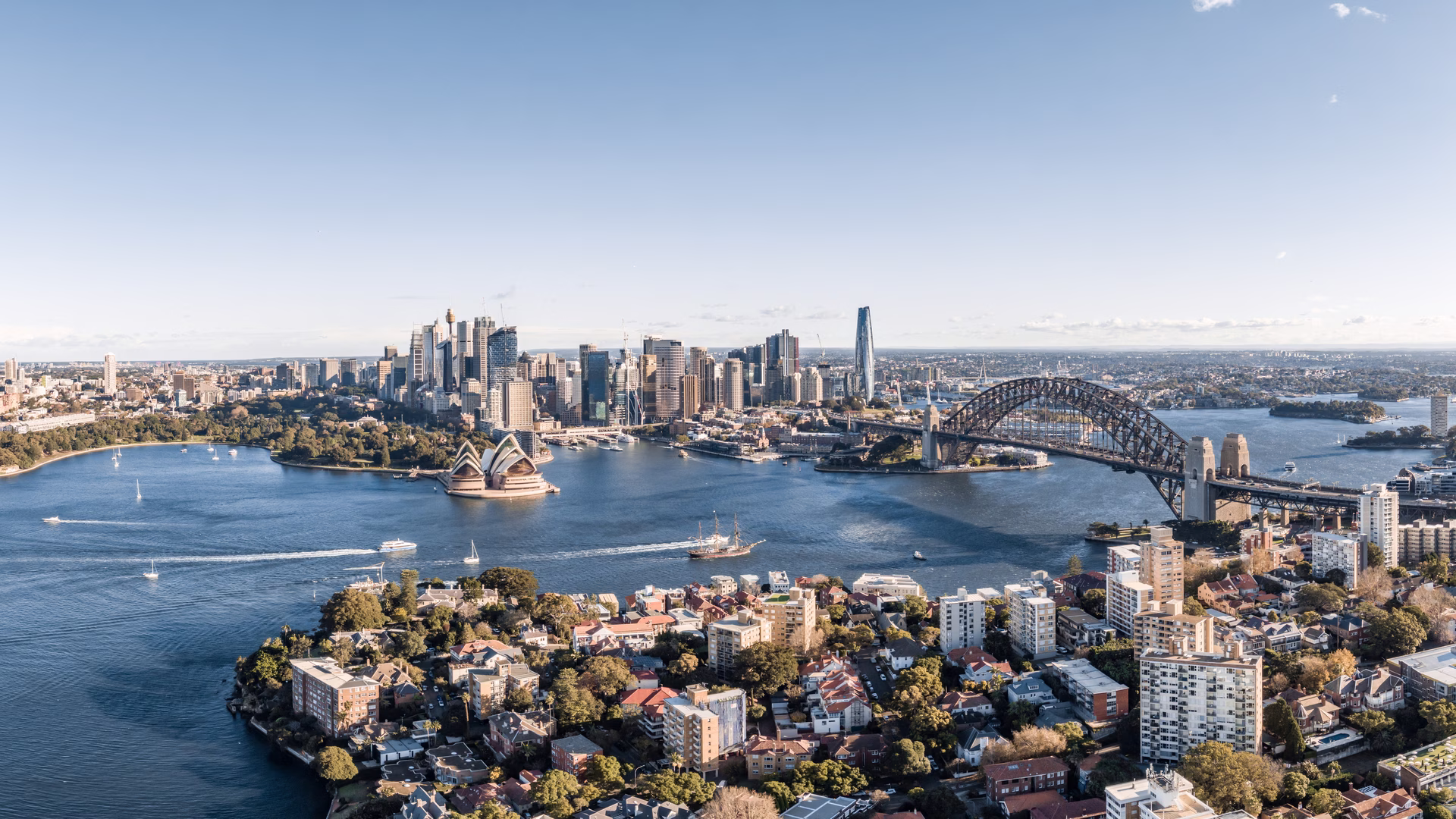 Aerial view of Sydney Harbour featuring the Sydney Opera House, Sydney Harbour Bridge, and surrounding cityscape under a clear blue sky.