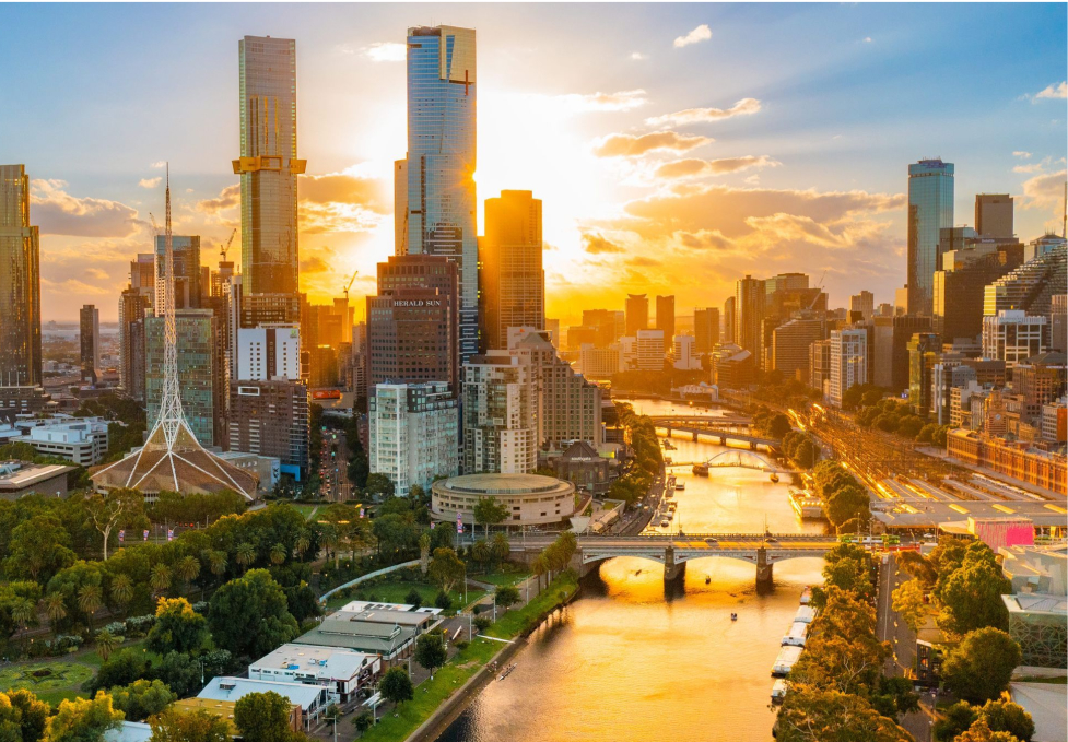 Aerial view of Melbourne city, Australia, at sunset, featuring tall skyscrapers, a river with bridges, and lush green parks.
