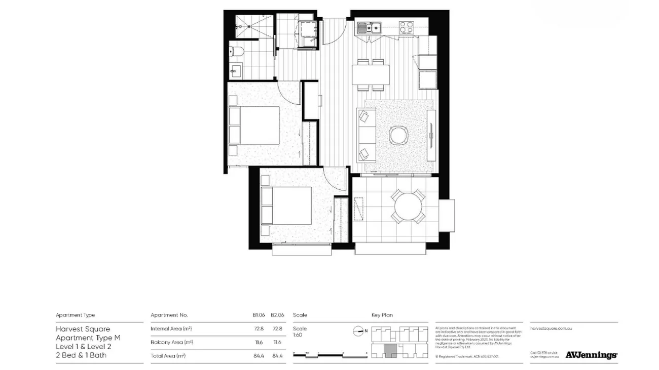 Floor plan of a two-bedroom, one-bath apartment with living room, kitchen, dining area, and balcony. Includes measurements and layout details.