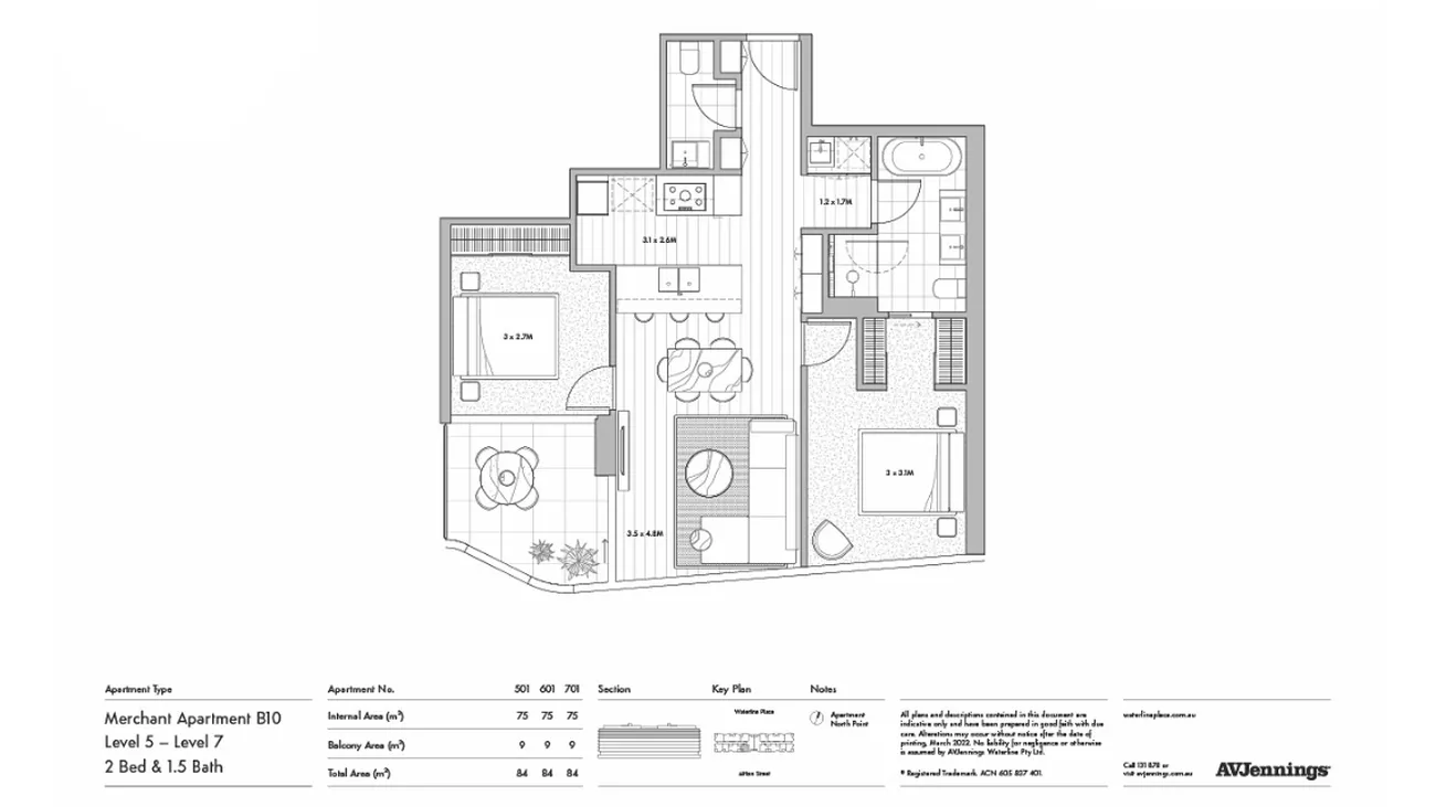 Floor plan of a two-bedroom, 1.5 bath apartment with kitchen, living area, balcony, and labelled dimensions.
