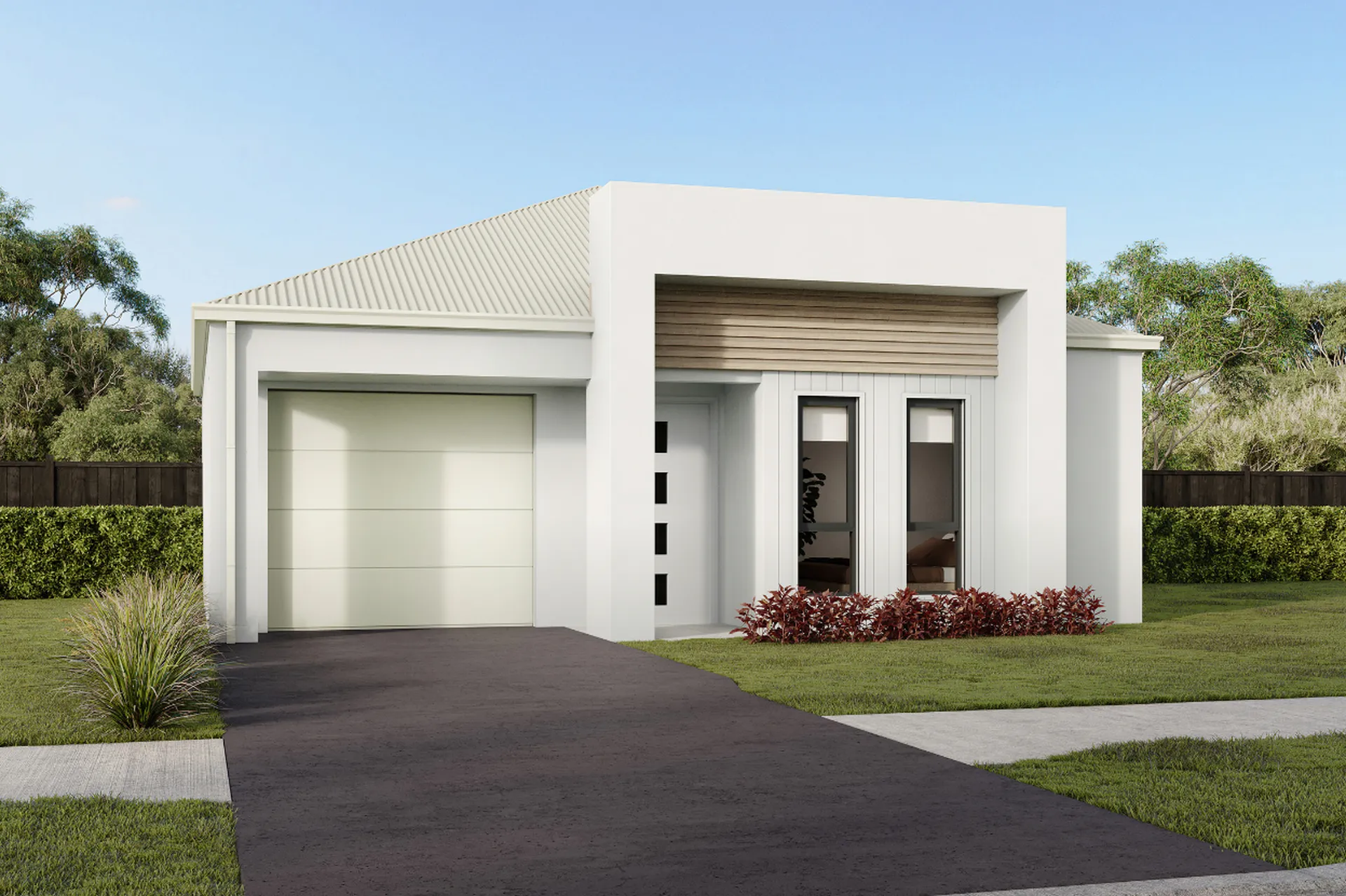 Modern single-story house with a white façade, large windows, and a single garage. Surrounded by grass and shrubs.
