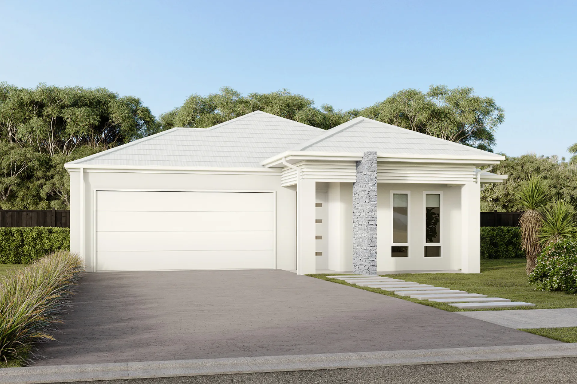 Modern white house with a two-car garage, stone accent, large windows, and a neat driveway, surrounded by greenery under a clear blue sky.