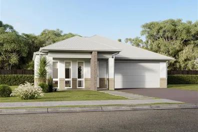 Modern single-story house with a white facade, large windows, and a driveway, surrounded by greenery and a clear blue sky.
