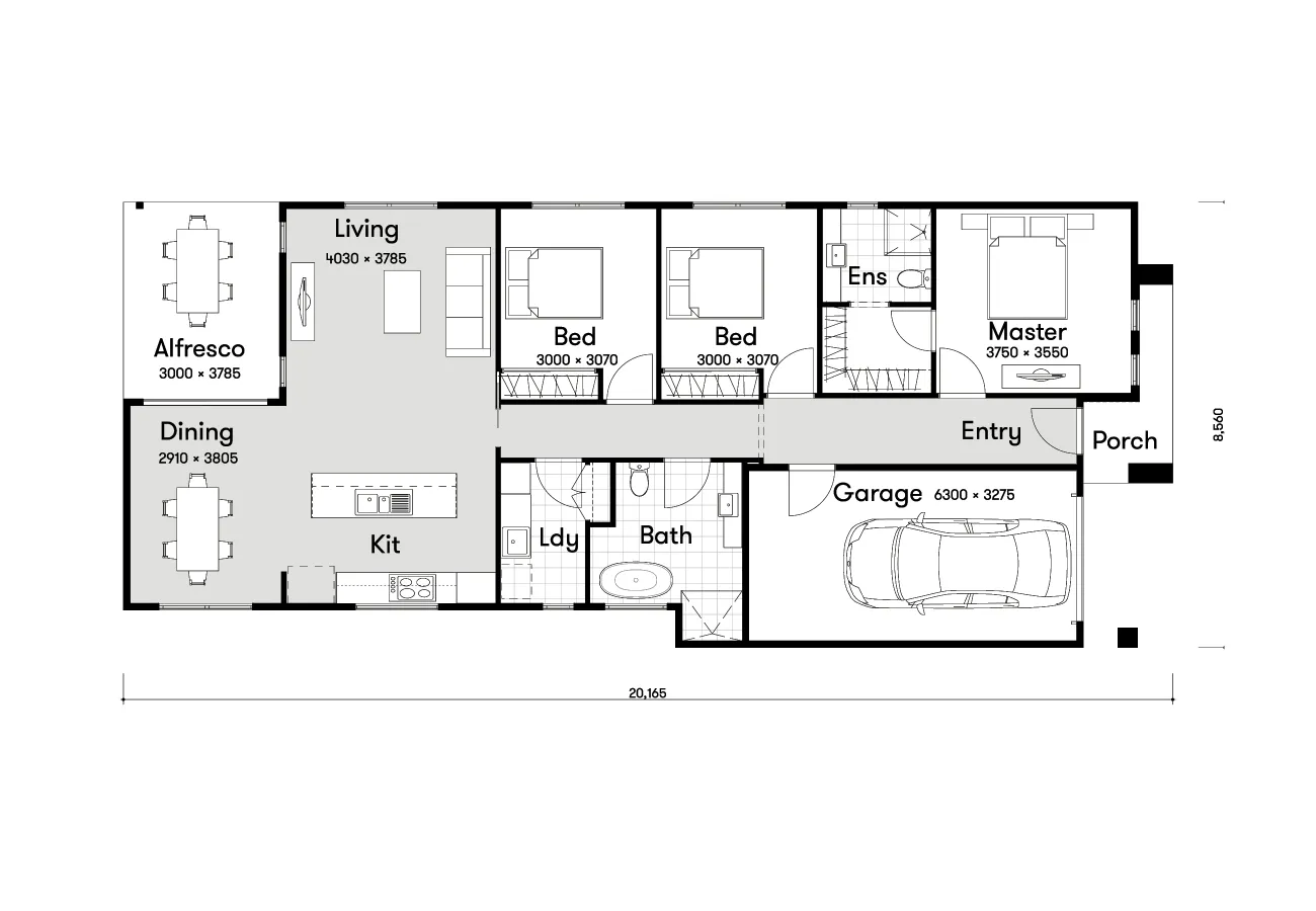 Floor plan of a house with three bedrooms, two bathrooms, living and dining areas, kitchen, laundry, garage, porch, and alfresco area.