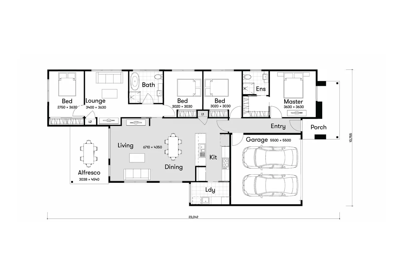 Floor plan of a house featuring three bedrooms, two bathrooms, a kitchen, living and dining area, lounge, alfresco, garage, and laundry.