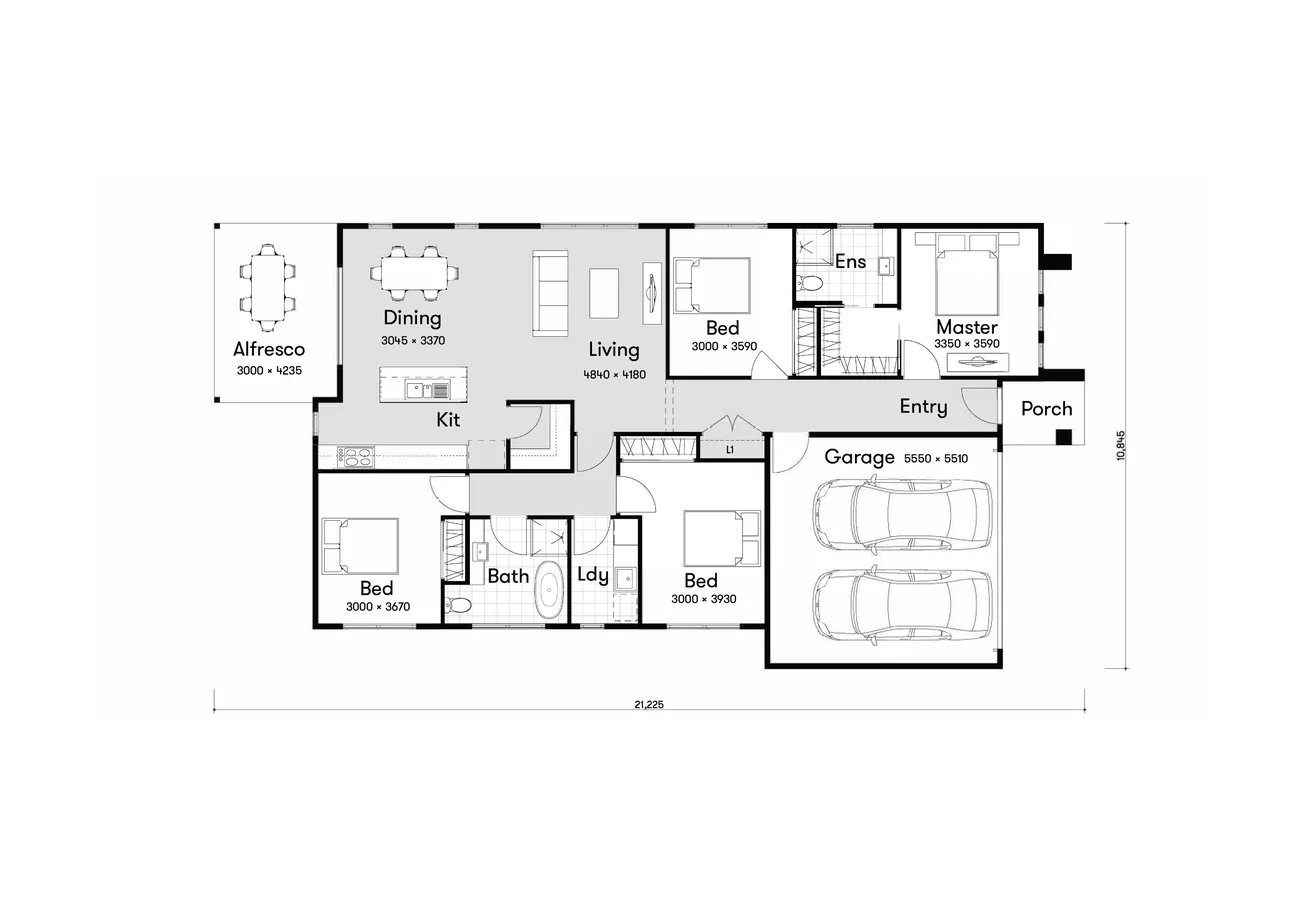 Floor plan of a house with three bedrooms, two bathrooms, a kitchen, living and dining areas, alfresco, garage, porch, and entryway.