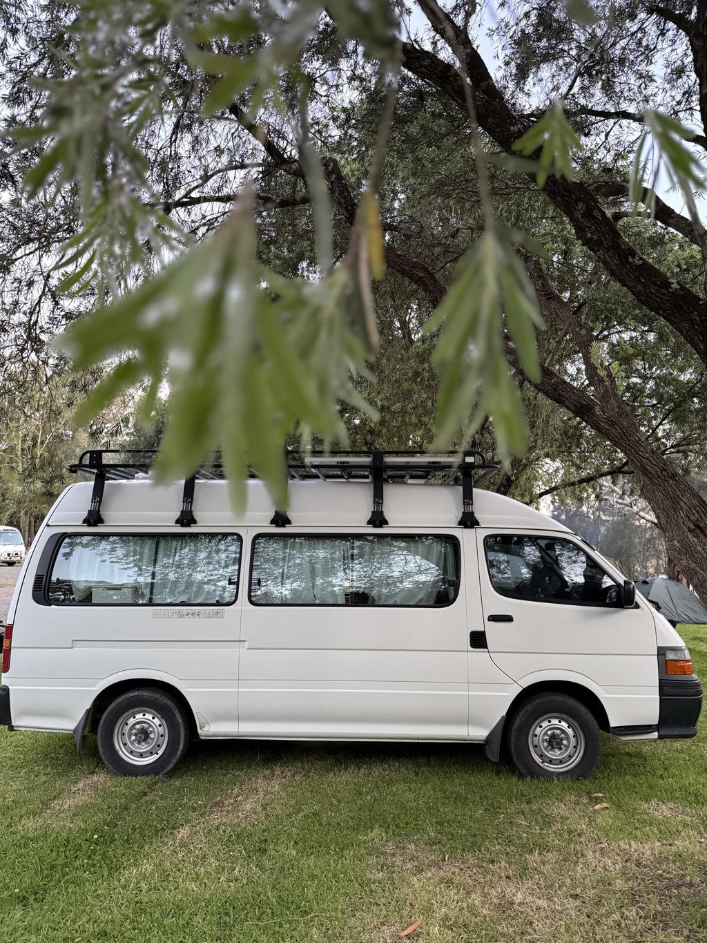 White van parked under a large tree on grass, with leafy branches in the foreground.