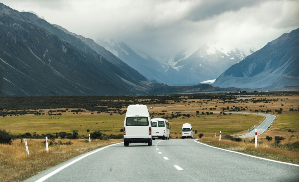 Vans driving on a winding road through a vast, mountainous landscape under a cloudy sky.