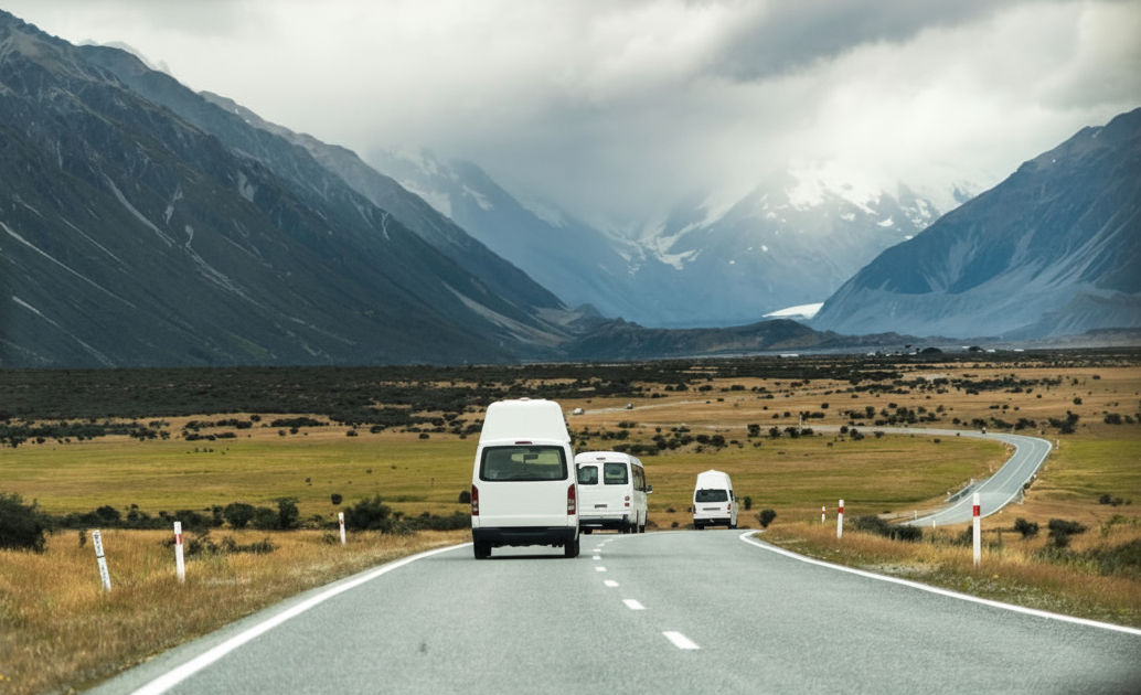 Vans driving on a winding road through a vast, mountainous landscape under a cloudy sky.
