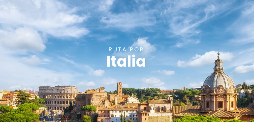 Autocaravana circulando por carretera con paisaje italiano de la Toscana al fondo.