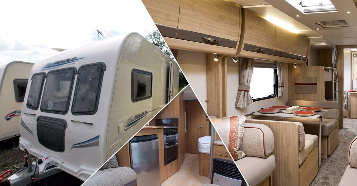 Family caravan holiday: Mum, dad and kids pitching up at a sunny campsite.