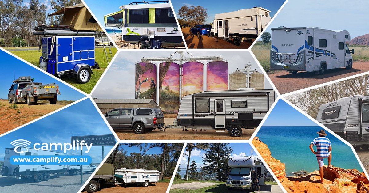 Aussie camper trailer set up at a bush camping spot.