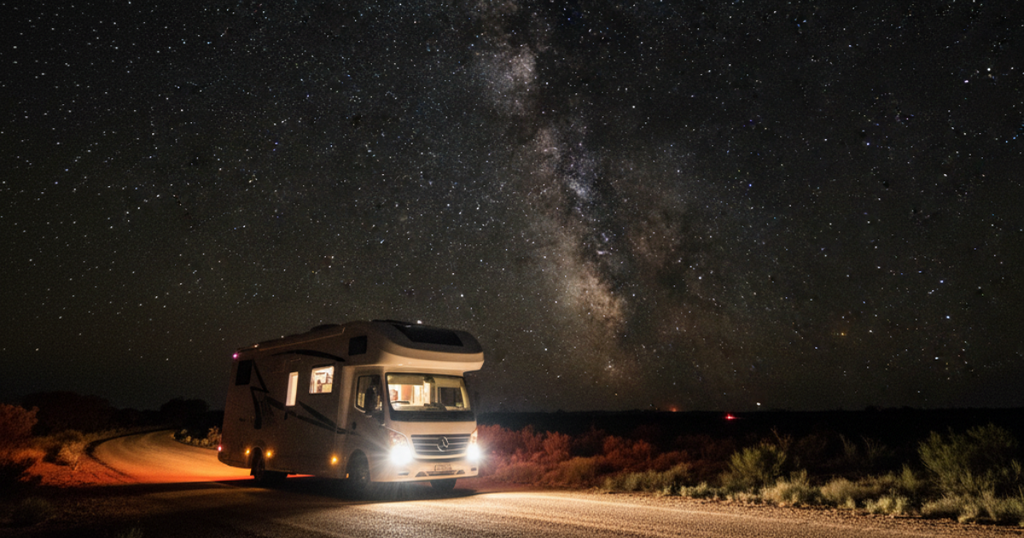 RV on a dirt road under a starry sky with the Milky Way visible, surrounded by desert shrubs.