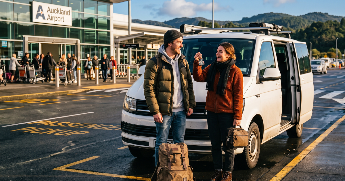 A smiling couple at Auckland Airport, holding keys near a white van, with luggage on the ground. The airport terminal and mountains are in the background.