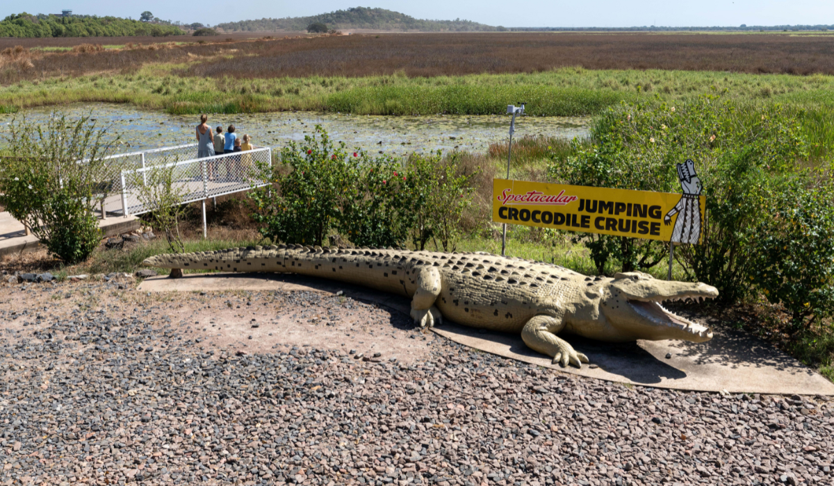 Large crocodile statue and "Spectacular Jumping Crocodile Cruise" sign beside a marsh observation platform with three viewers.
