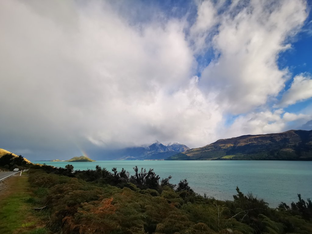 Scenic drive: Campervan winding along a South Island road, Queenstown to Glenorchy.