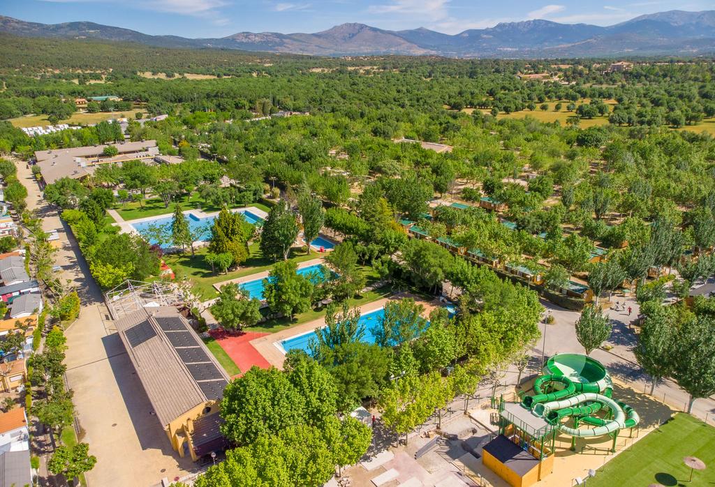 Tiendas de campaña coloridas en camping arbolado cerca de Madrid; ambiente familiar y vacacional.